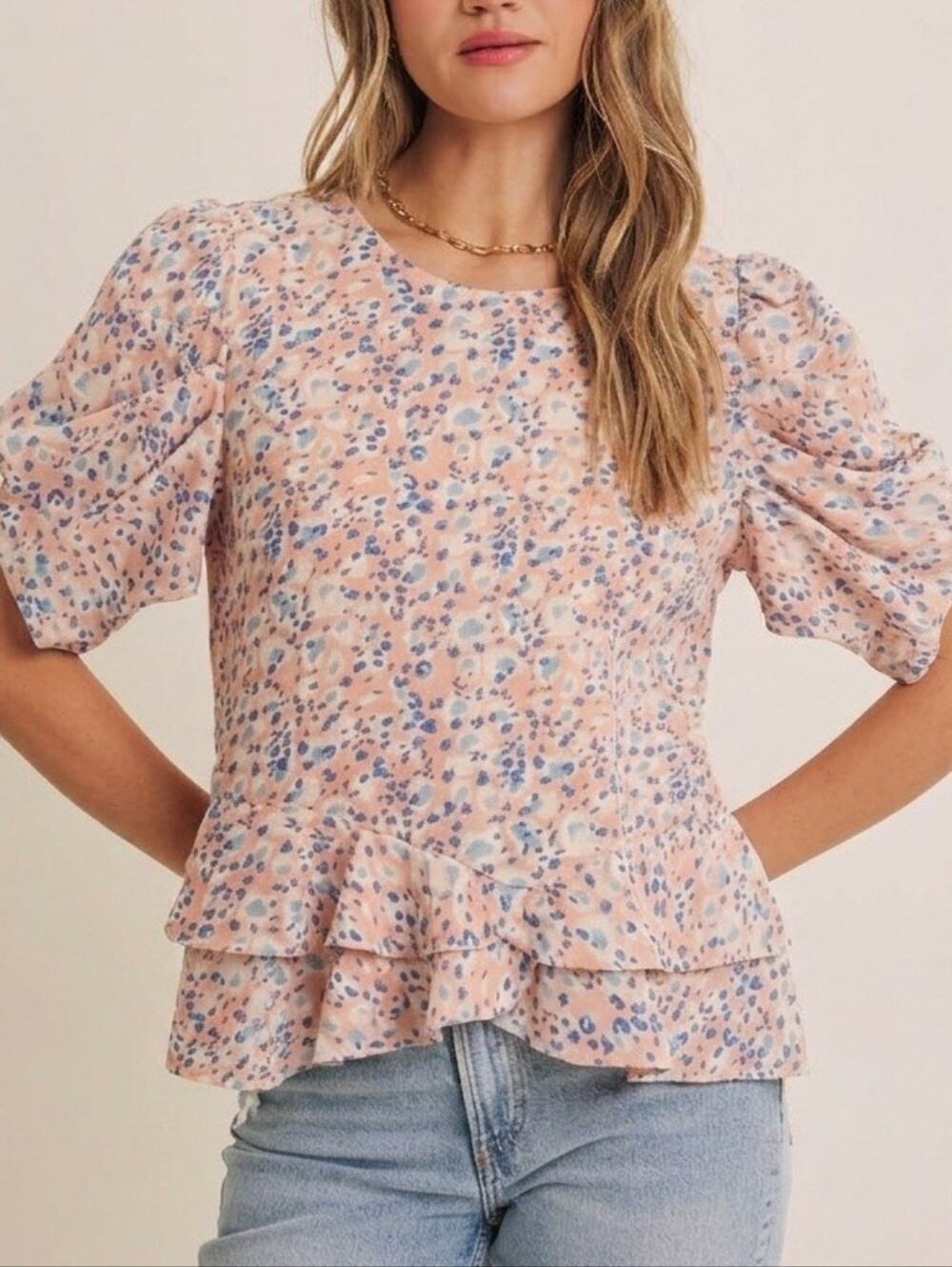 Milk & Honey Floral Puff Sleeve Peplum Blouse Large